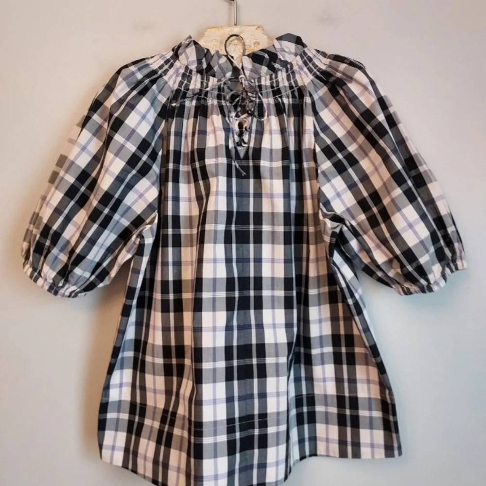 J. Crew Floral Short Puff Sleeve Black Plaid Blouse Size Medium